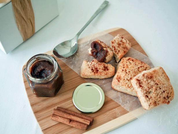 Cinnamon Biscuits and Jam on Cutting Board