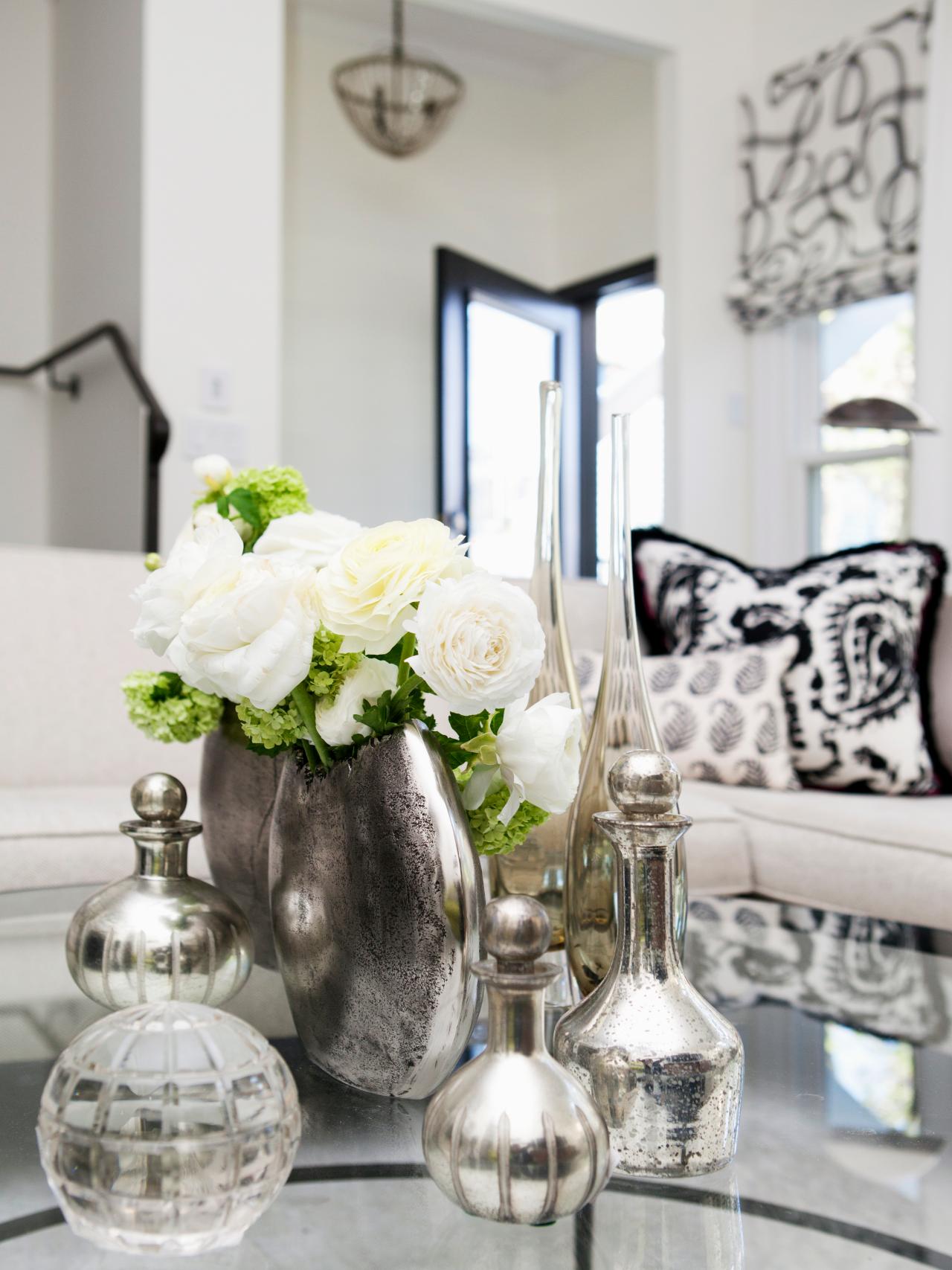 White Living Room With Black and Silver Accents | HGTV
