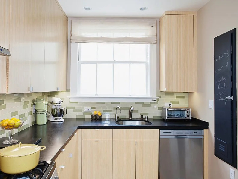 Contemporary Kitchen With Green Tile Backsplash Contemporary Kitchen With Light Wood Cabinets and Green Backsplash