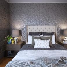 Contemporary Gray Bedroom With Patterned Wallpaper