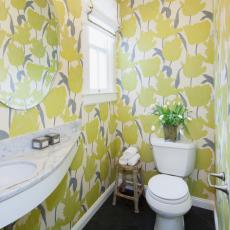Yellow Floral Wallpapered Bathroom 