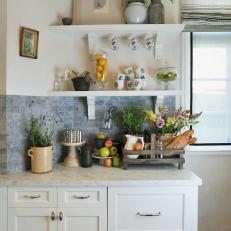 White Eclectic Kitchen With White Shelves
