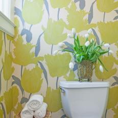 Bathroom With Yellow and Gray Floral Wallpaper