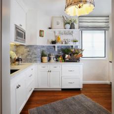 Eclectic White Kitchen with Gray Backsplash