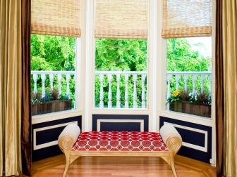 Bay Window Sitting Nook With Bench and Bamboo Blinds
