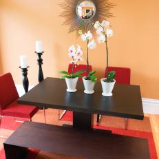 Bench Seating in Modern Red and Orange Dining Room