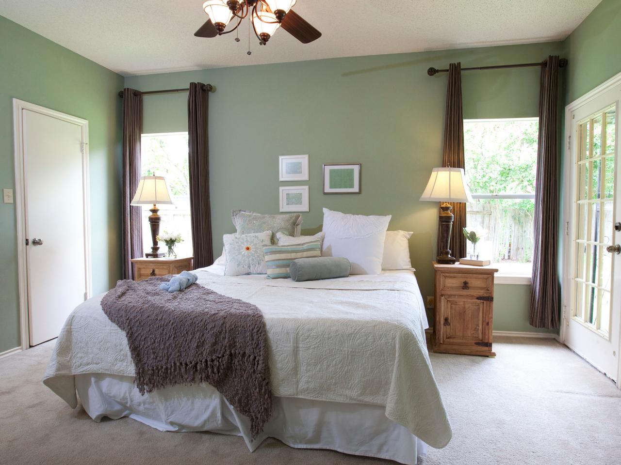 Sage Green Bedroom With Brown Window Panels | HGTV