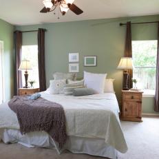Sage Green Bedroom With Brown Window Panels