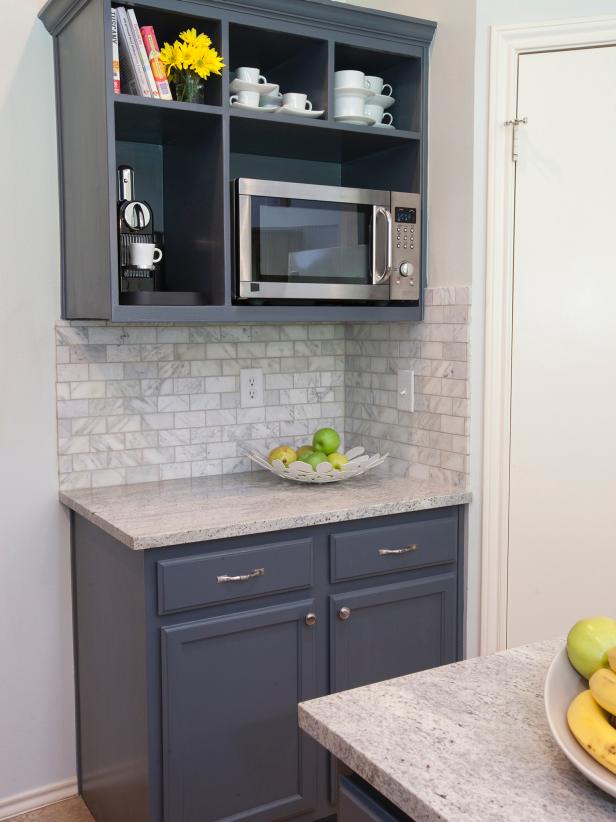 kitchen microwave open shelving cabinet storage hgtv shelf shelves cabinets space counter under mount unit upper neutral houses cabinetry espresso