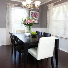 Transitional Gray Dining Room With White Accents