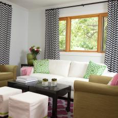 Contemporary Living Room with Graphic Curtains