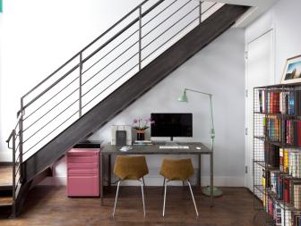 White Modern Home Office Under Staircase With Wire-Crate Bookshelves