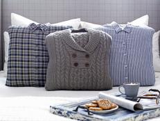 Three bed pillows made from an old sweater and two shirts
