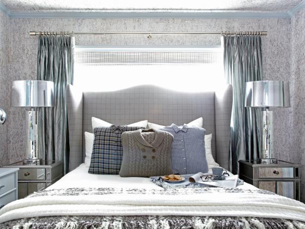Silver and Blue Bedroom With Patterned Wallpaper and Menswear Pillows
