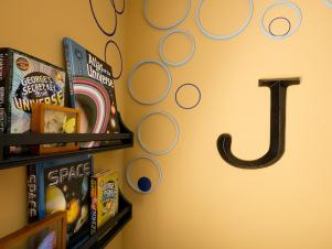 Bookshelf and wall lettering