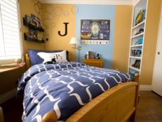 Striped Boys Bedroom With Caddy-Corner Bed
