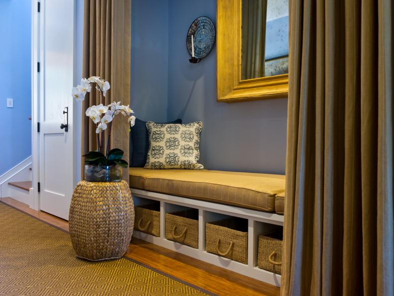 Blue Hallway With White Bench & Woven Baskets