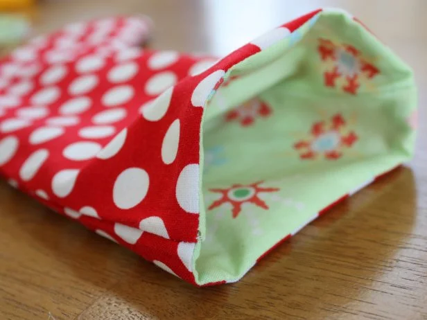 View of Red Polka Dotted Stocking's Green Patterned Lining