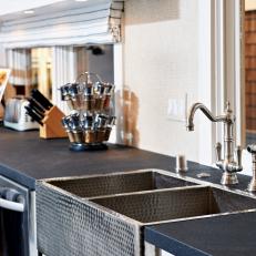 Kitchen With Nickel-Plated, Hammered Farmhouse Sink