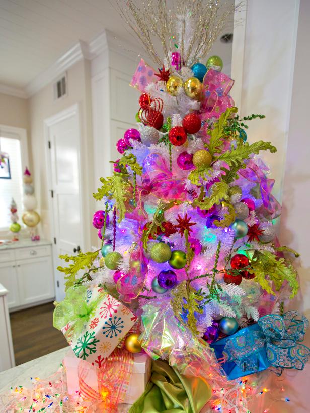 White Christmas Tree with Colorfully Bold Decorations