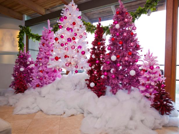 Shades of pink Christmas trees, with pink, red and white ornaments. 