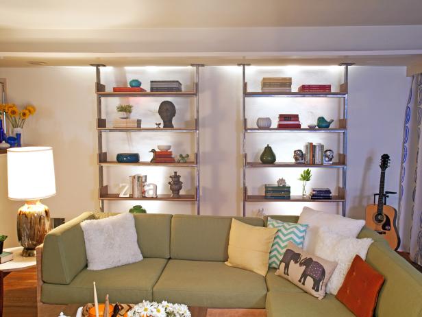 Living Room With Industrial Backlit Shelving | HGTV