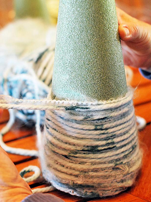 Wrapping Green Foam Cone With Light Blue Yarn