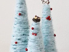 Mini Blue Christmas Trees Decorated With Holly Berries