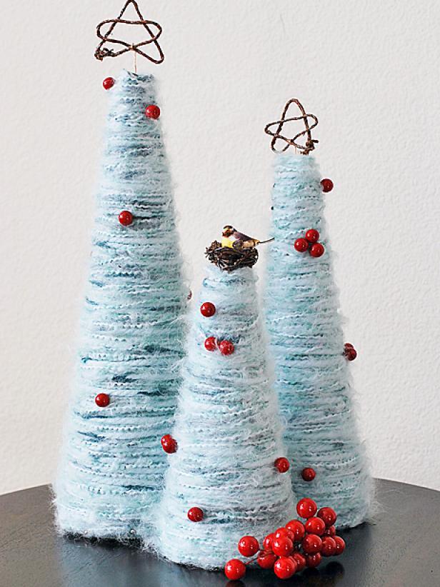 Mini Blue Christmas Trees Decorated With Holly Berries