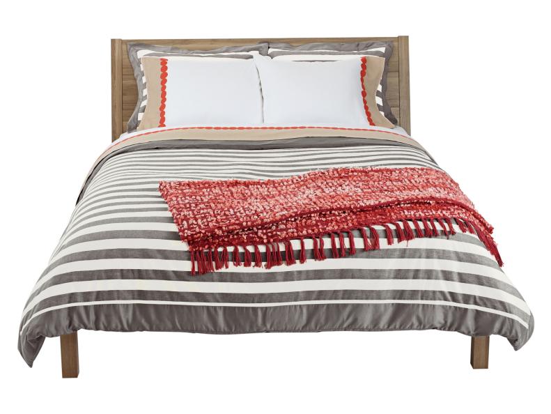 Gray Striped Bedspread with Red Blanket and Coordinating Shams