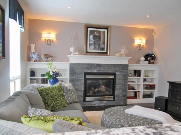 Traditional Neutral Living Room With Stone Fireplace And Built In