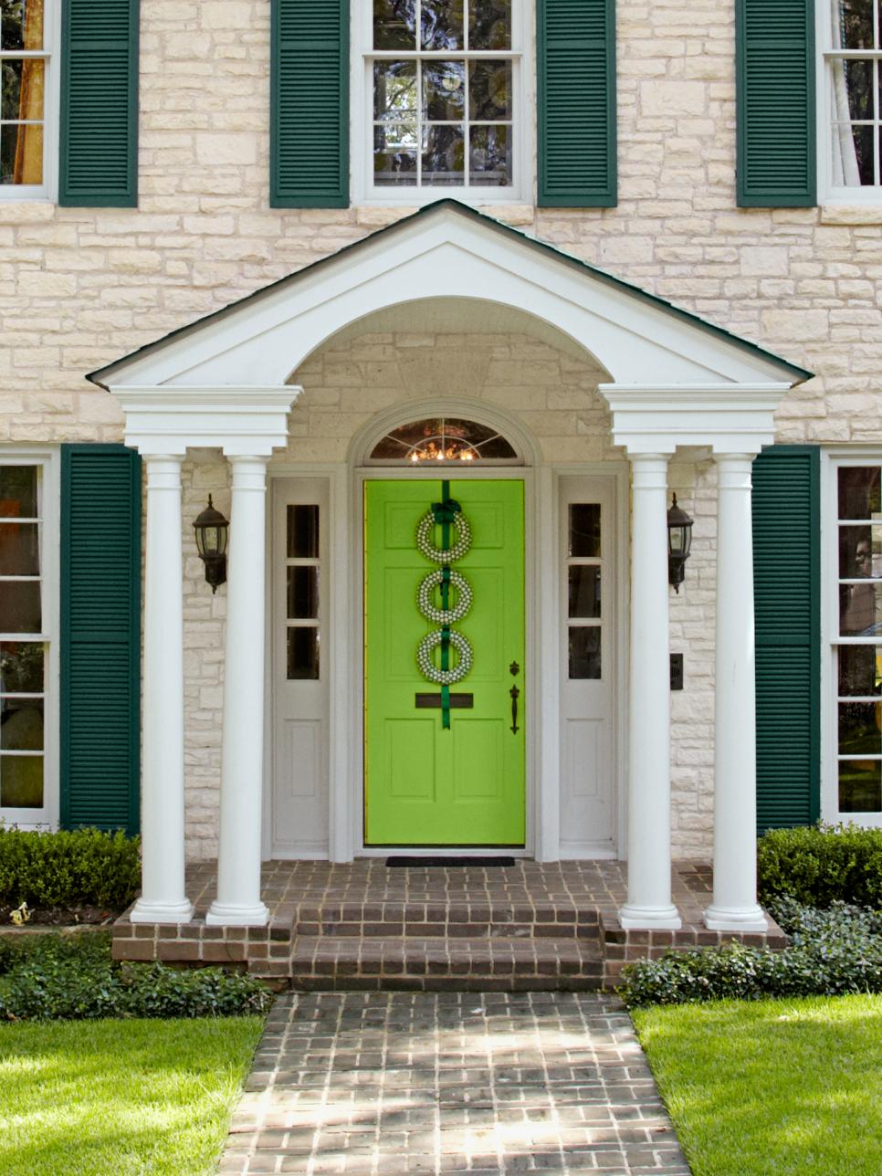 Neon Green Front Door on Neutral Stone Home HGTV