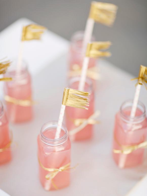 Tiny Glass Bottles With Pink Liquid, White & Gold Straw