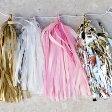 Tissue Paper Garland With Gold, White and Pink Tassels