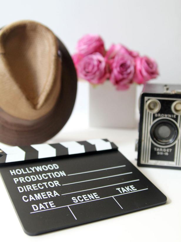 1920s Photo Booth Props: Movie Slate Board, Hat, Flowers & Camera