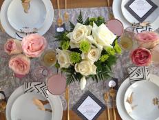 Wedding Table Setting, Rose Centerpiece, Gold Flatware