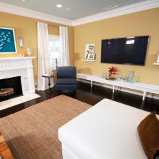 Contemporary Yellow Media Room With Fireplace