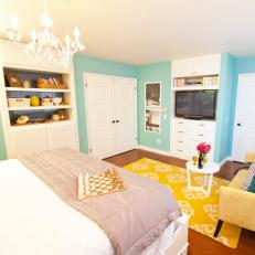 Robin Egg Blue Master Bedroom With Yellow Rug