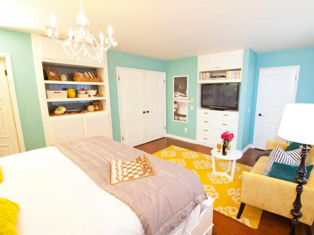 Robin Egg Blue Master Bedroom With Yellow Rug Hgtv