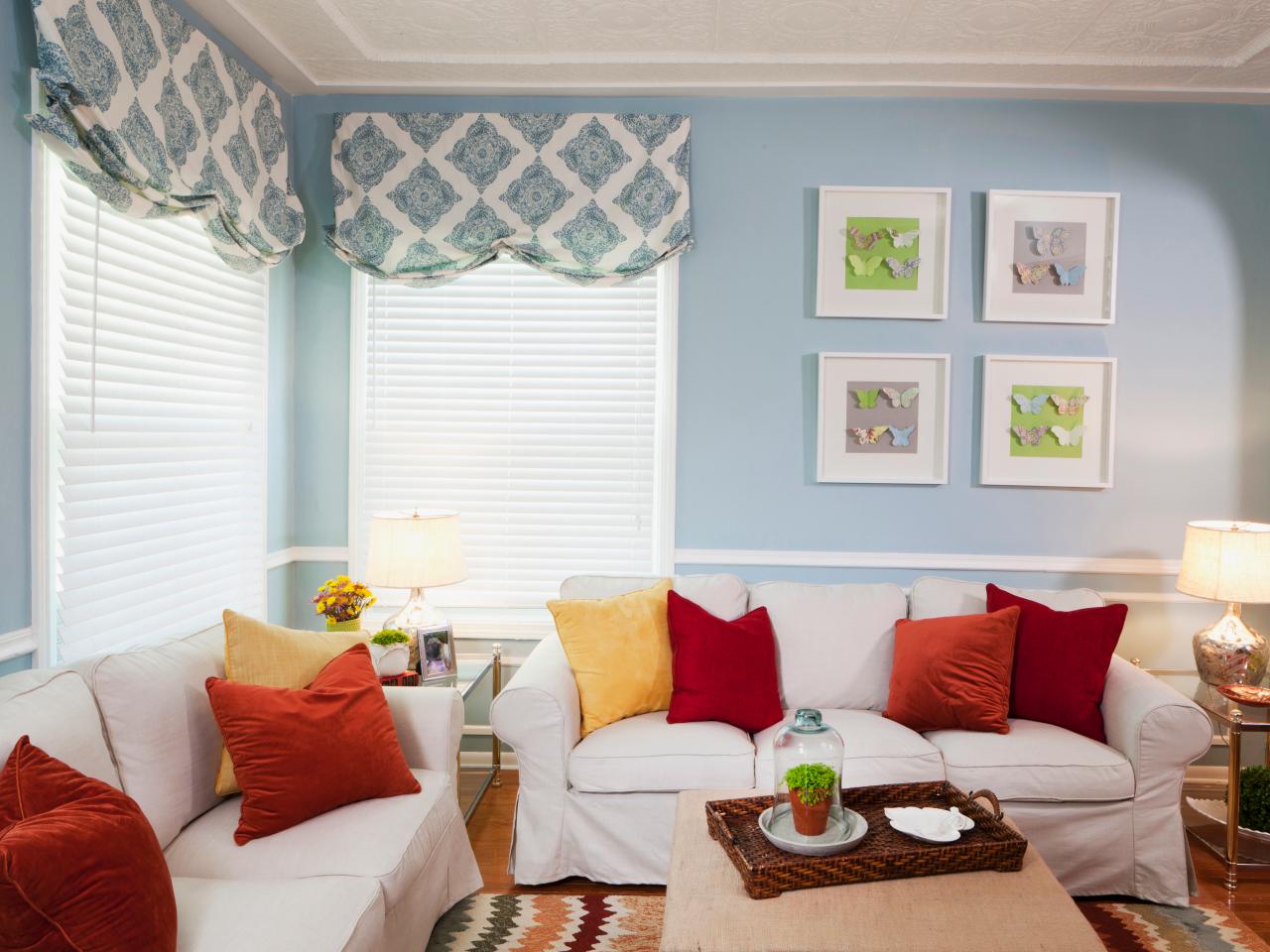 Blue And White Living Room With Orange And Red Accents Hgtv