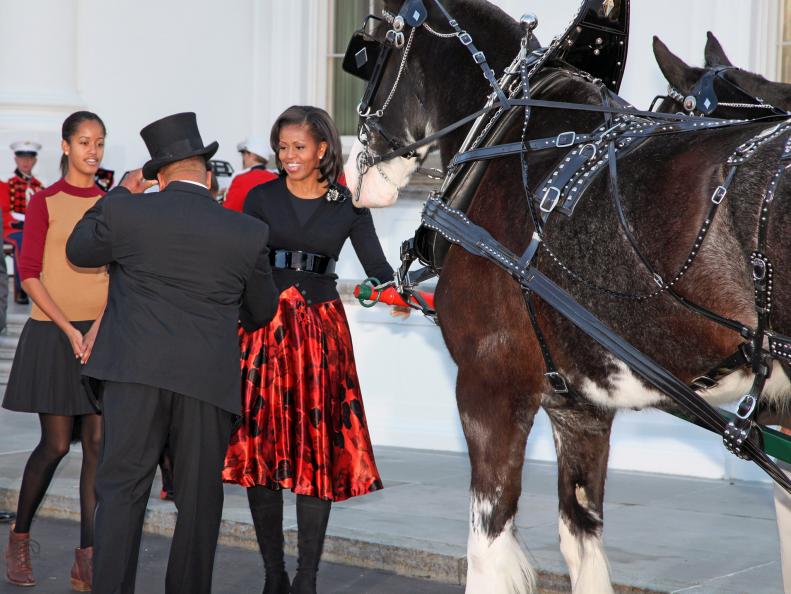 Michelle Obama and Daughters Greet Man and Horse