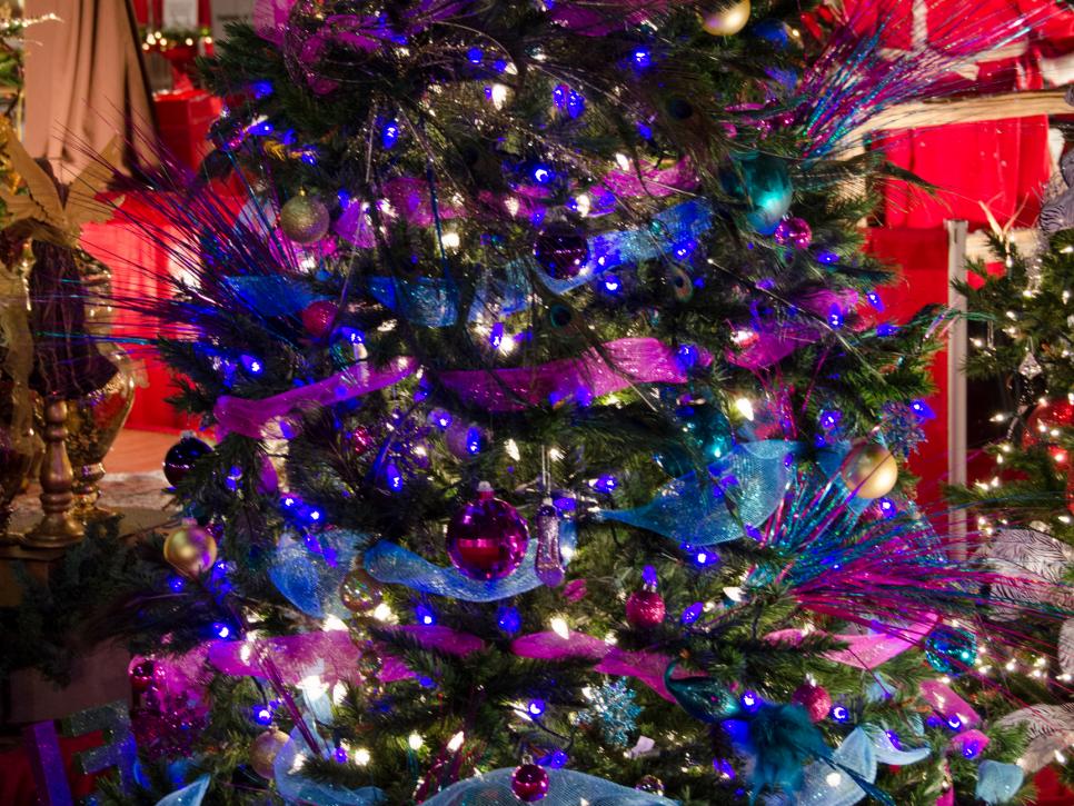 Christmas Tree Decorated in Deep Purple and Peacock Blue Creates Drama ... Christmas Trees Decorated Purple