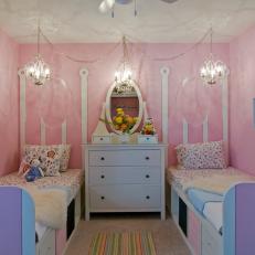 Pink Girl's Bedroom With Twin Beds and Chandeliers