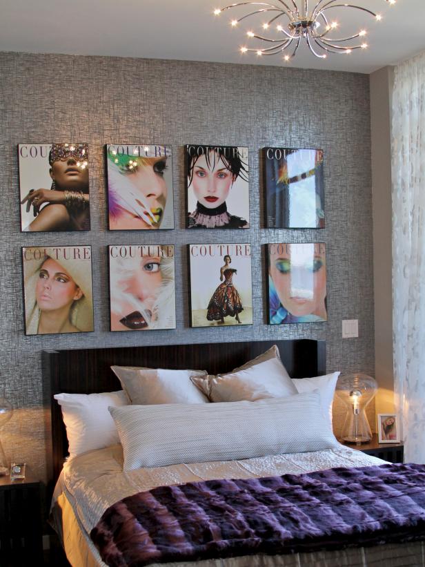 Bedroom With Textured Gray Wall, Magazine Art and Velvet Purple Throw