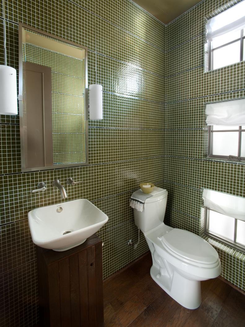 Small Bathroom With Dark Green Tile Walls