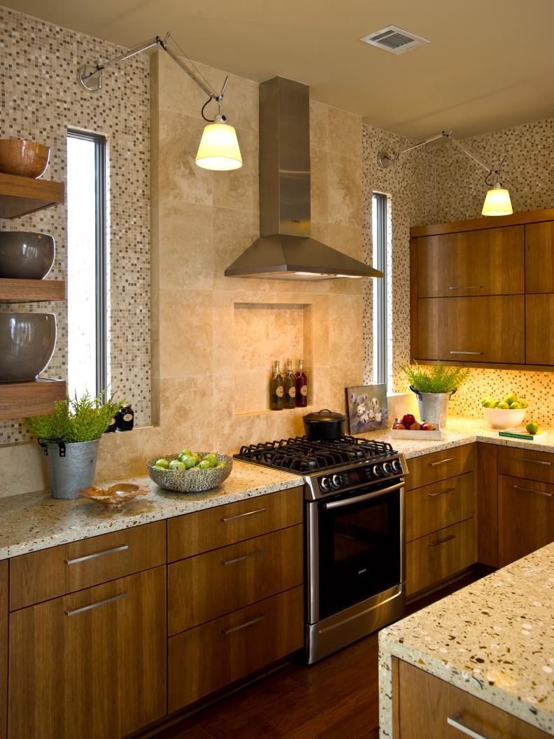 Kitchen With Sleek Wood Cabinets and Mosaic Tile Walls