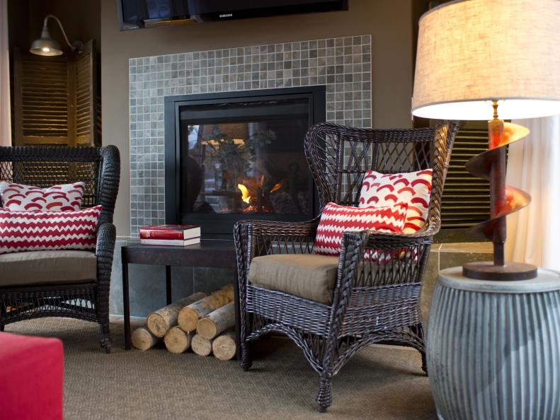 Fireplace With Brown Wicker Chairs