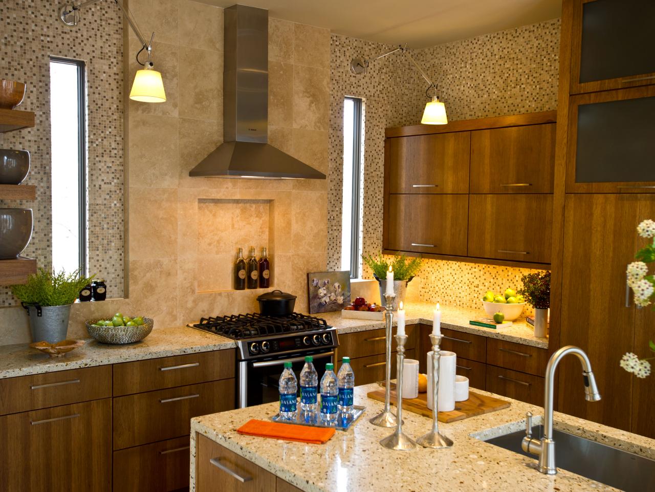 Contemporary Kitchen with Island and Beautiful Mosaic Tile | HGTV