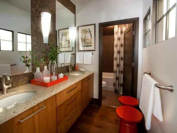 Modern Bath In Neutral And Warm Wood, Red Accent Cabinet In Bathroom