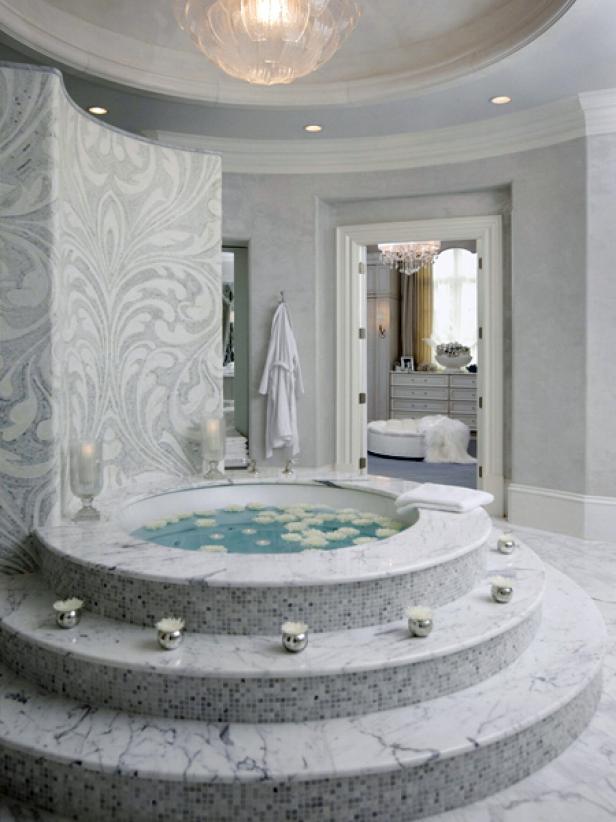 White Marble Tiled Niches Filled with Candles Over Tub - Transitional -  Bathroom